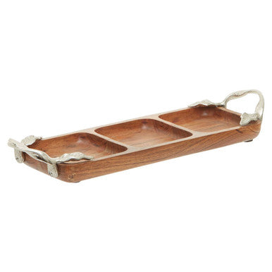 Orsina Acacia Wood 3-Section Serving Dish with Silver Leaf Handles