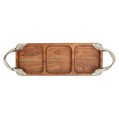 Orsina Acacia Wood 3-Section Serving Dish with Silver Leaf Handles
