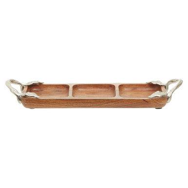 Orsina Acacia Wood 3-Section Serving Dish with Silver Leaf Handles