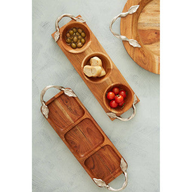 Orsina Acacia Wood 3-Section Serving Dish with Silver Leaf Handles