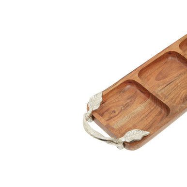 Orsina Acacia Wood 3-Section Serving Dish with Silver Leaf Handles