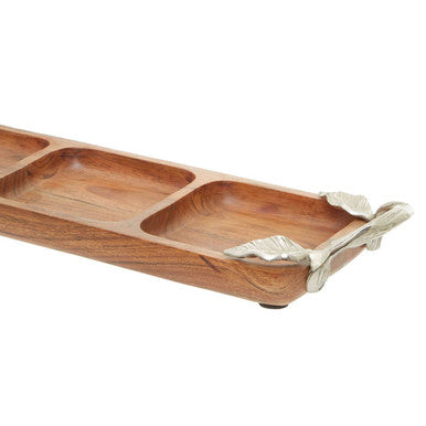 Orsina Acacia Wood 3-Section Serving Dish with Silver Leaf Handles