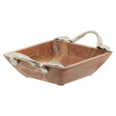 Orsina Vine Acacia Wood Square Serving Bowl with Aluminum Handles