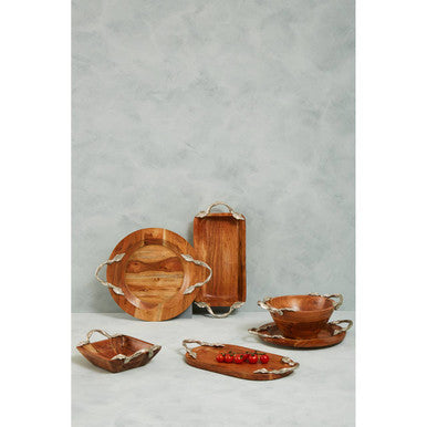 Orsina Vine Acacia Wood Square Serving Bowl with Aluminum Handles
