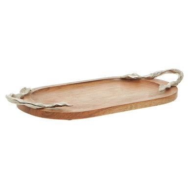 Orsina Vine Acacia Wood Oval Serving Tray with Silver Handles