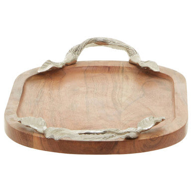 Orsina Vine Acacia Wood Oval Serving Tray with Silver Handles