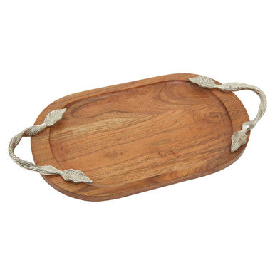 Orsina Vine Acacia Wood Oval Serving Tray with Silver Handles