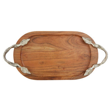 Orsina Vine Acacia Wood Oval Serving Tray with Silver Handles