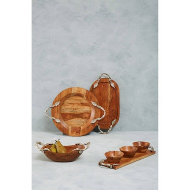 Orsina Vine Acacia Wood Oval Serving Tray with Silver Handles
