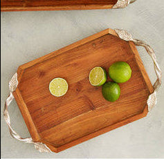 Orsina Vine Acacia Wood Oval Serving Tray with Silver Handles