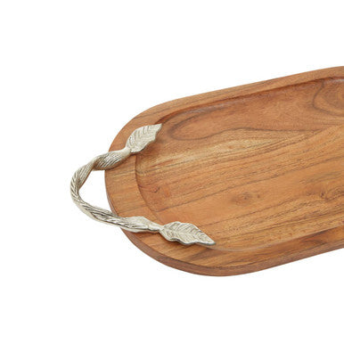 Orsina Vine Acacia Wood Oval Serving Tray with Silver Handles