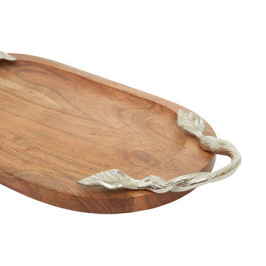 Orsina Vine Acacia Wood Oval Serving Tray with Silver Handles