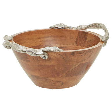 Orsina Vine Acacia Wood Round Serving Bowl with Silver Leaf Handles