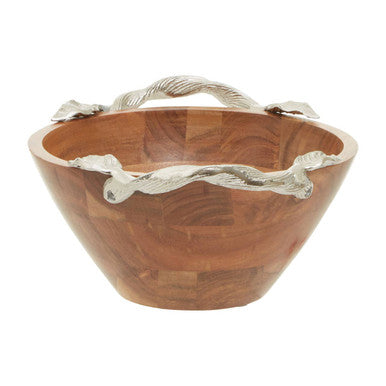 Orsina Vine Acacia Wood Round Serving Bowl with Silver Leaf Handles