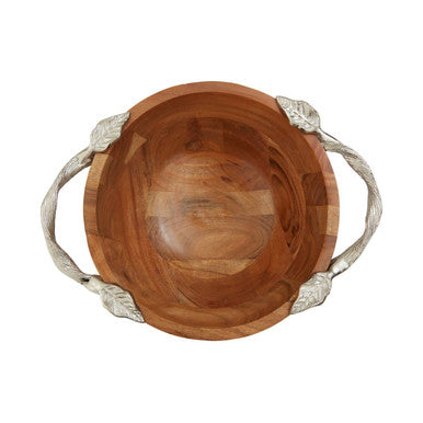 Orsina Vine Acacia Wood Round Serving Bowl with Silver Leaf Handles