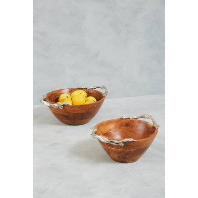 Orsina Vine Acacia Wood Round Serving Bowl with Silver Leaf Handles