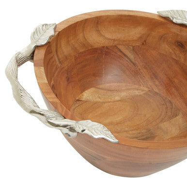 Orsina Vine Acacia Wood Round Serving Bowl with Silver Leaf Handles