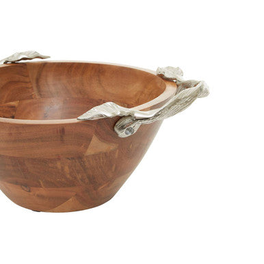 Orsina Vine Acacia Wood Round Serving Bowl with Silver Leaf Handles
