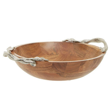 Orsina Acacia Wood Round Salad Bowl with Silver Leaf Handles
