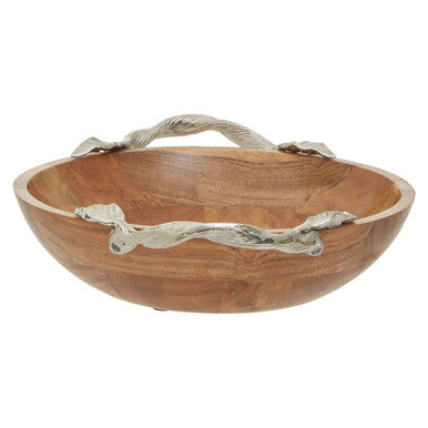 Orsina Acacia Wood Round Salad Bowl with Silver Leaf Handles