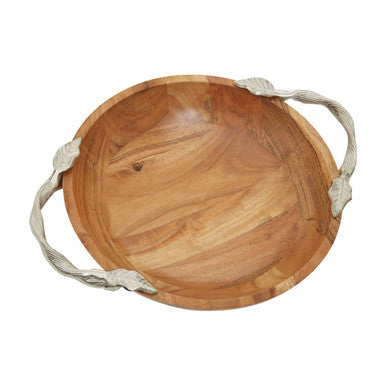 Orsina Acacia Wood Round Salad Bowl with Silver Leaf Handles