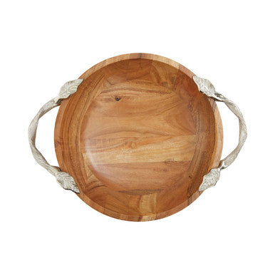Orsina Acacia Wood Round Salad Bowl with Silver Leaf Handles