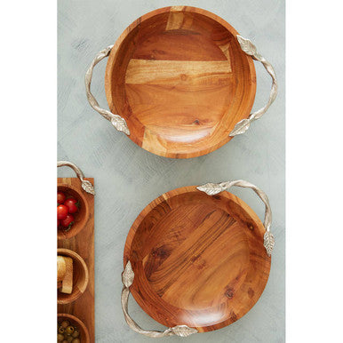 Orsina Acacia Wood Round Salad Bowl with Silver Leaf Handles