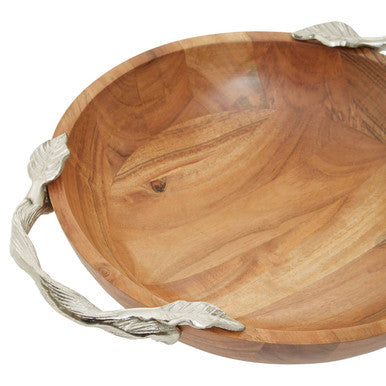 Orsina Acacia Wood Round Salad Bowl with Silver Leaf Handles