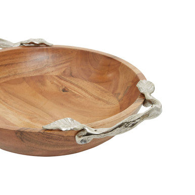Orsina Acacia Wood Round Salad Bowl with Silver Leaf Handles