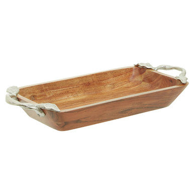 Orsina Vine Acacia Wood Rectangular Serving Bowl with Silver Handles