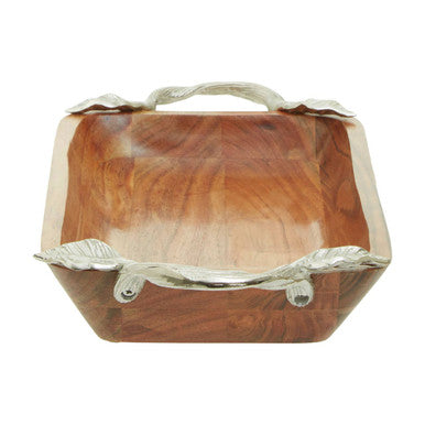 Orsina Vine Acacia Wood Rectangular Serving Bowl with Silver Handles