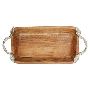 Orsina Vine Acacia Wood Rectangular Serving Bowl with Silver Handles