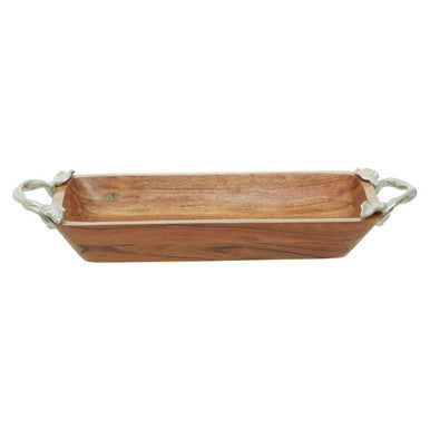 Orsina Vine Acacia Wood Rectangular Serving Bowl with Silver Handles