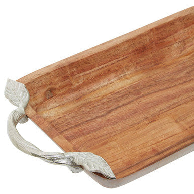Orsina Vine Acacia Wood Rectangular Serving Bowl with Silver Handles