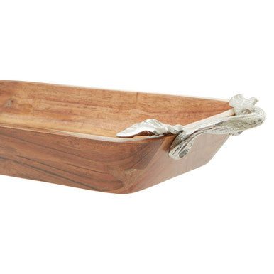 Orsina Vine Acacia Wood Rectangular Serving Bowl with Silver Handles
