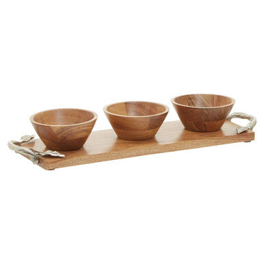 Orsina Vine Acacia Wood Dip Bowls with Tray - Set of 3 Serving Bowls