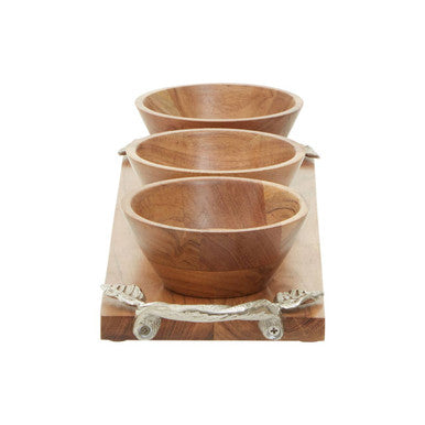 Orsina Vine Acacia Wood Dip Bowls with Tray - Set of 3 Serving Bowls