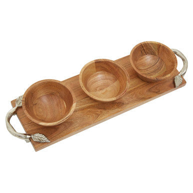 Orsina Vine Acacia Wood Dip Bowls with Tray - Set of 3 Serving Bowls