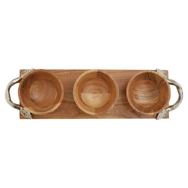 Orsina Vine Acacia Wood Dip Bowls with Tray - Set of 3 Serving Bowls