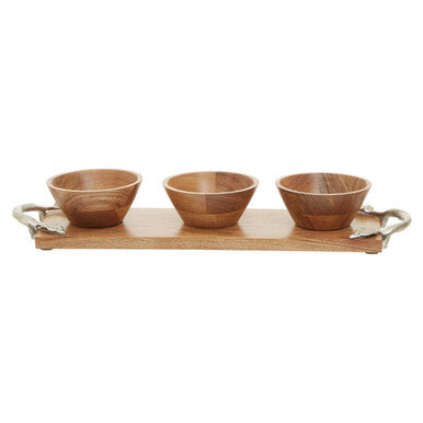 Orsina Vine Acacia Wood Dip Bowls with Tray - Set of 3 Serving Bowls