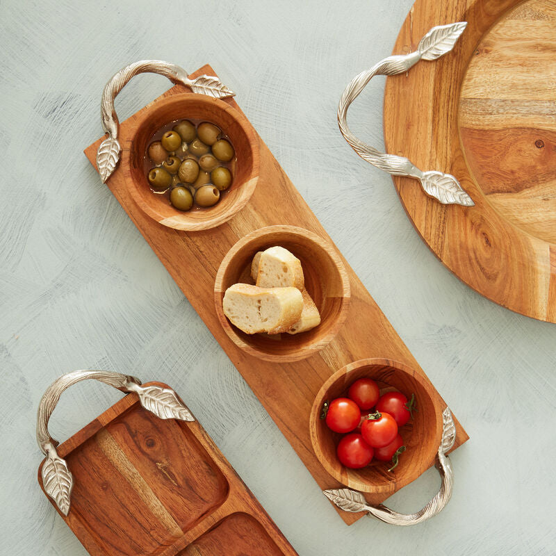 Orsina Vine Acacia Wood Dip Bowls with Tray - Set of 3 Serving Bowls