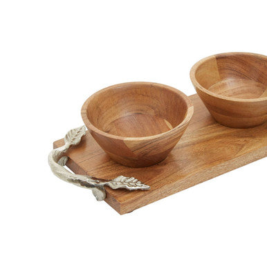 Orsina Vine Acacia Wood Dip Bowls with Tray - Set of 3 Serving Bowls