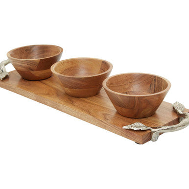 Orsina Vine Acacia Wood Dip Bowls with Tray - Set of 3 Serving Bowls