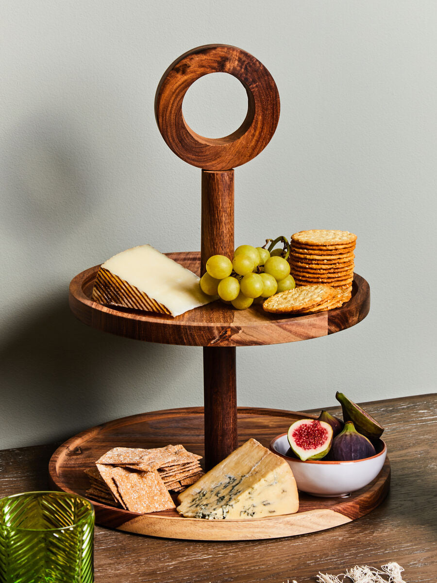 Orsina Kora Sheesham Wood Two-Tier Cake Stand | Round Serving Tray