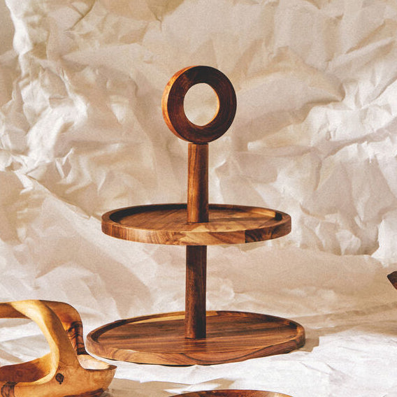 Orsina Kora Sheesham Wood Two-Tier Cake Stand | Round Serving Tray