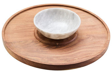 Orsina Kora Acacia Wood and White Marble Chip and Dip Serving Platter