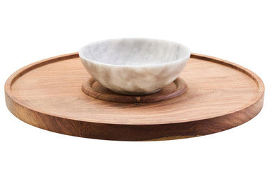 Orsina Kora Acacia Wood and White Marble Chip and Dip Serving Platter
