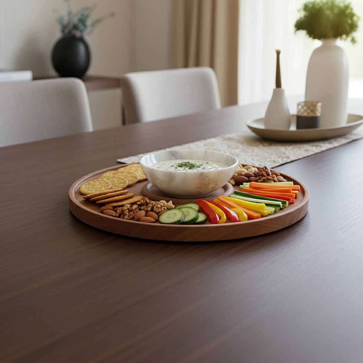 Orsina Kora Acacia Wood and White Marble Chip and Dip Serving Platter