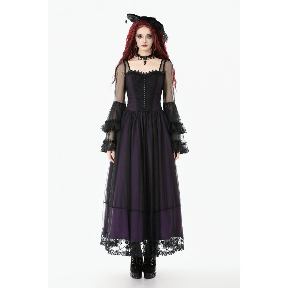 Dark in Love Lilith Gothic Maxi Dress – Black & Plum Bell Sleeve