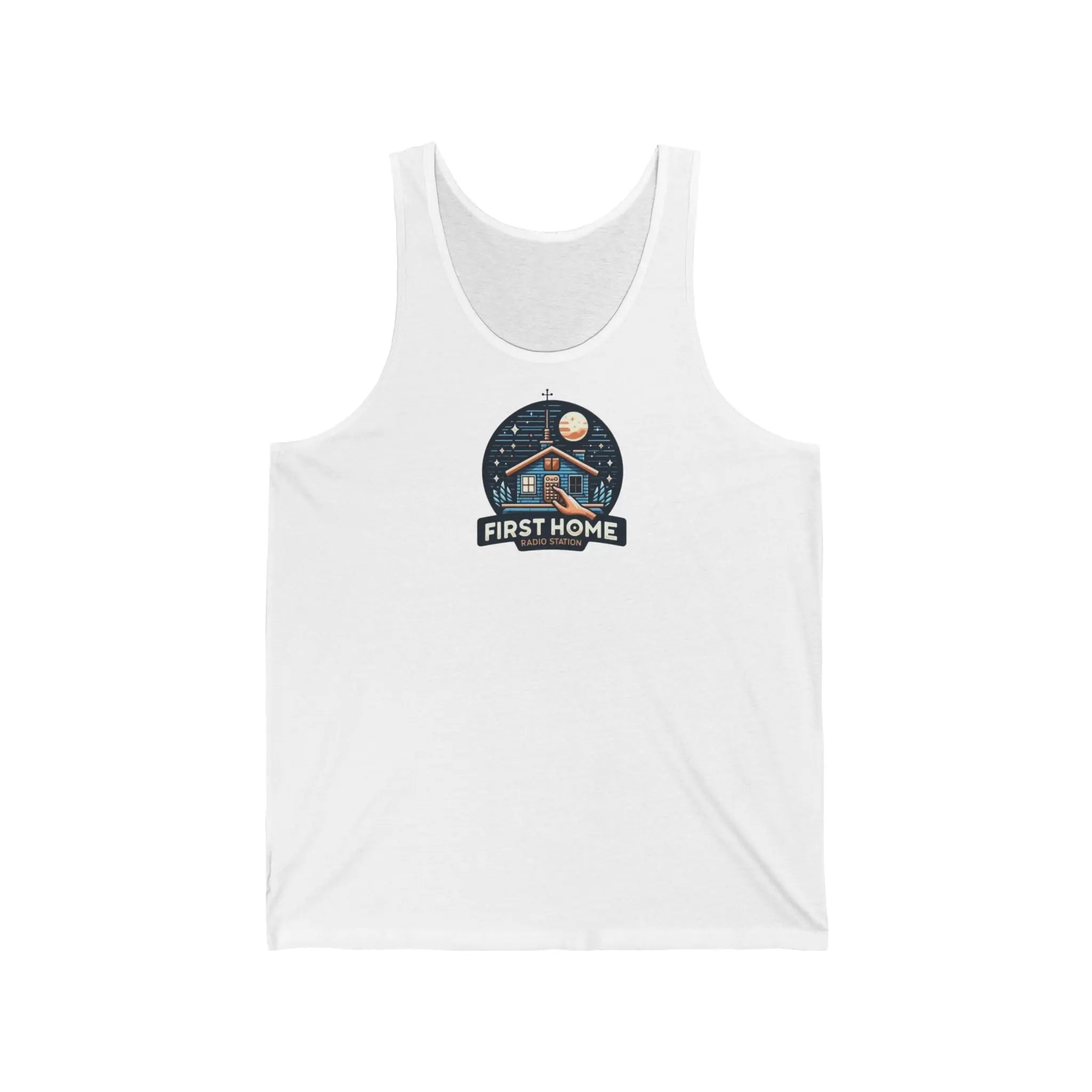 Cozy Unisex Tank Top with 'First Home Radio' Design, Summer Beachwear, Housewarming Gift, Casual Summer Top, Perfect for New Homeowners